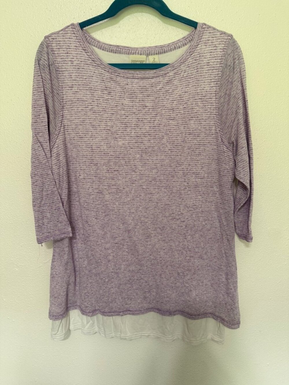 Zenergy By Chico's Knit Top Purple White Stripe Layered Look Womans 2/L